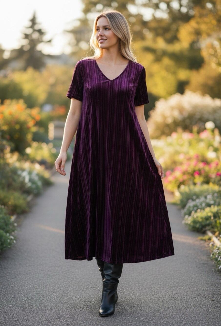 Woman Within Purple Pleated Velour Stretch V-Neck Short Sleeve Midi Dress 16W